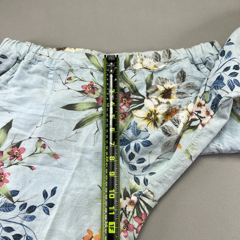 Kaktus Cropped Pants Womens Large Blue Botanical Mid Rise Pull On Straight Leg